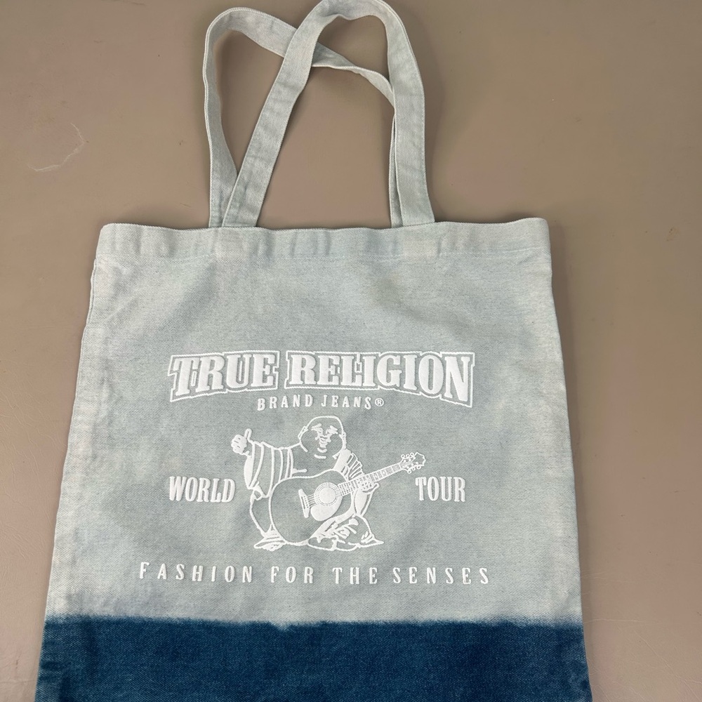 True Religion Buddha BleachTwo-Tone Canvas Denim Tote Logo Bag Blue Lightweight